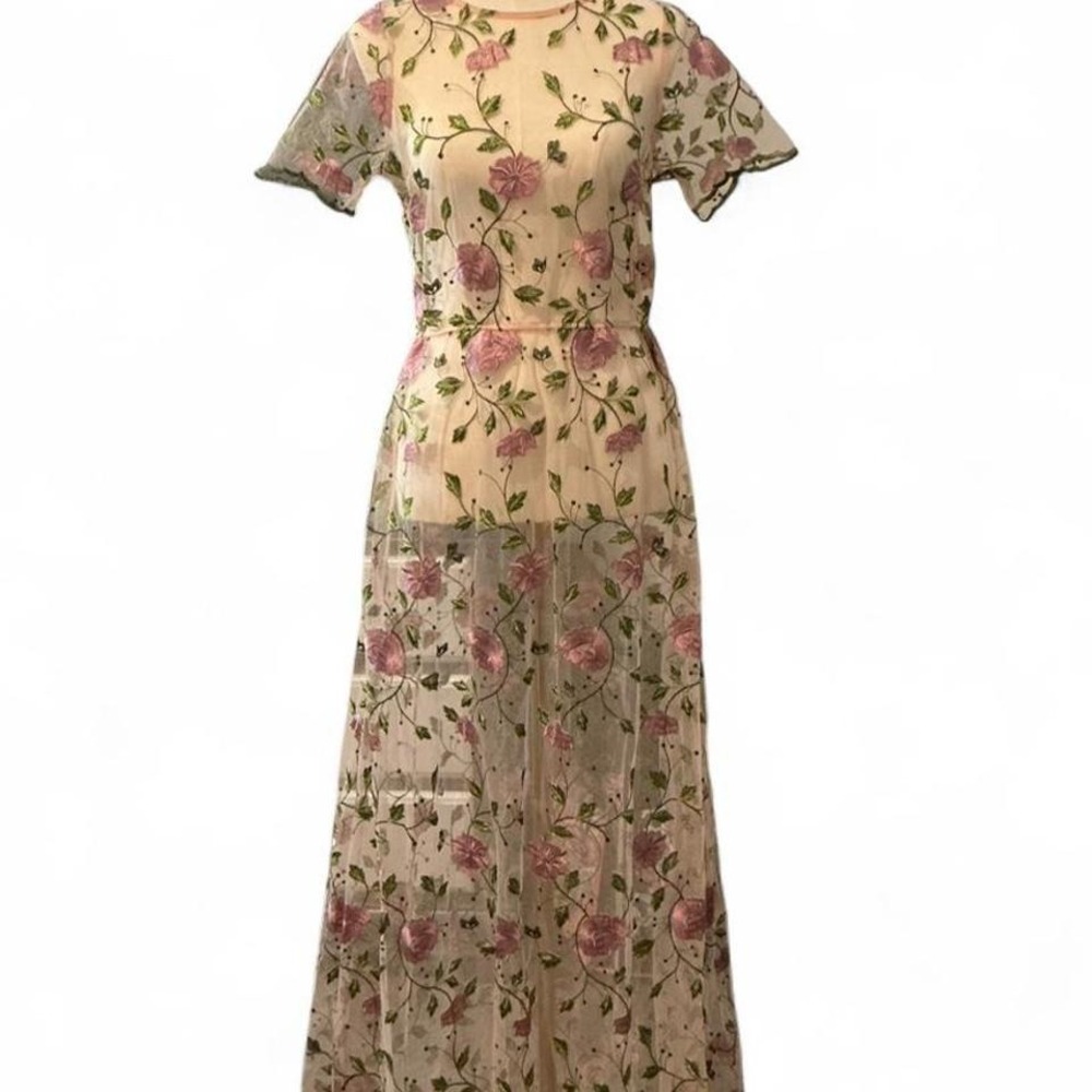 LuLaRoe Deanne II Dress Small Pink Floral Embroidered Mesh Sheer Maxi NWT Boho